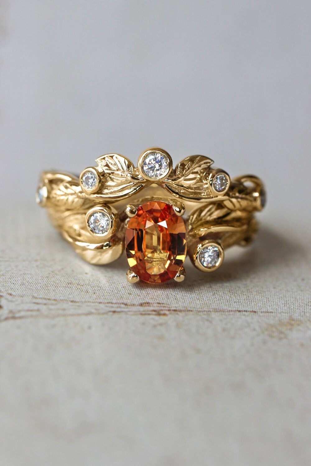 Orange Sapphire Bridal Ring Set, Leaf Engagement Ring, Gold Branch Diamond Wedding Band, Stacking Nature For Woman