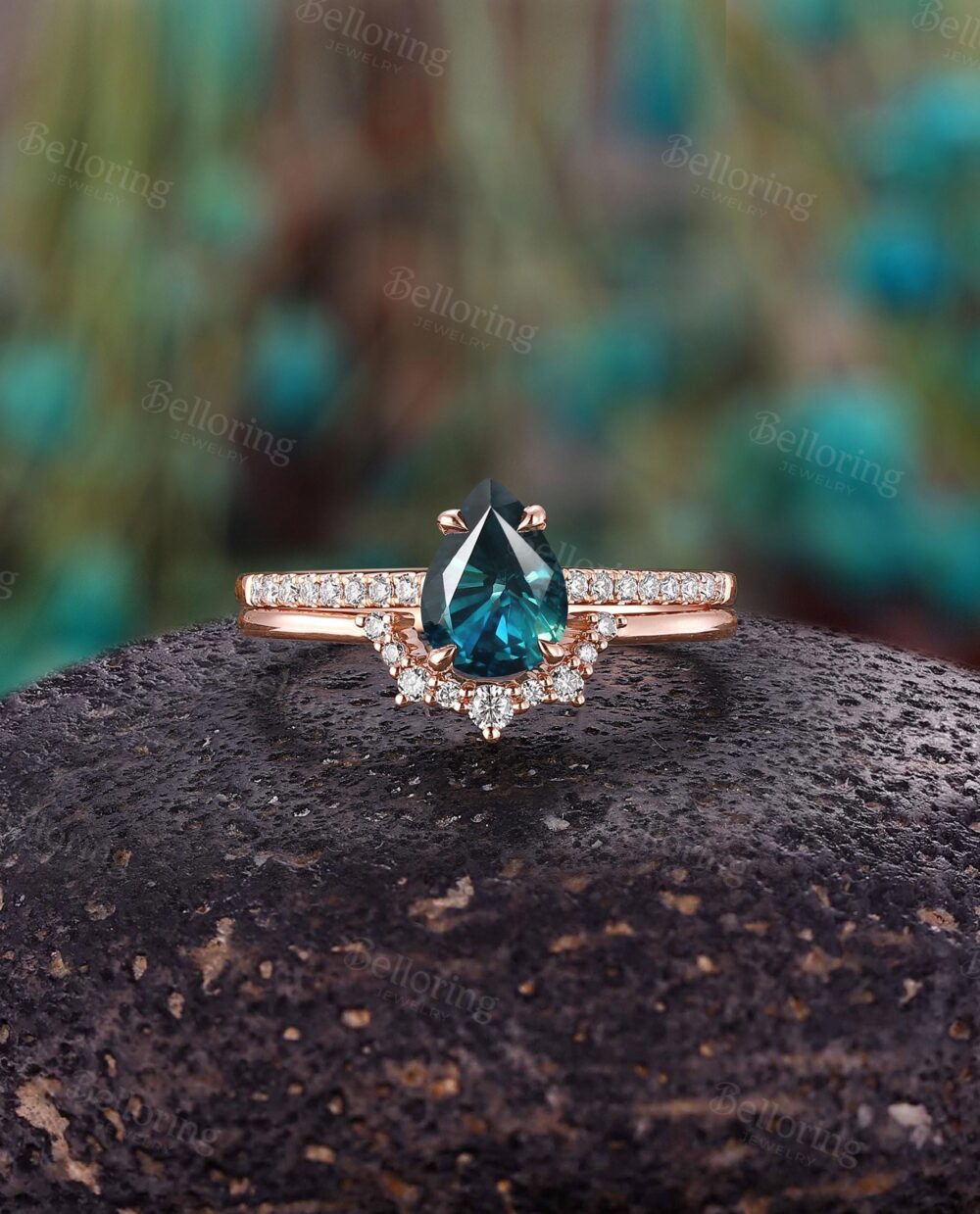 Vintage Teal Sapphire Engagement Ring Set, Art Deco Pear Bridal Set, Unique Rose Gold Ring, Moissanite Curved Stacking Band, Wedding Set