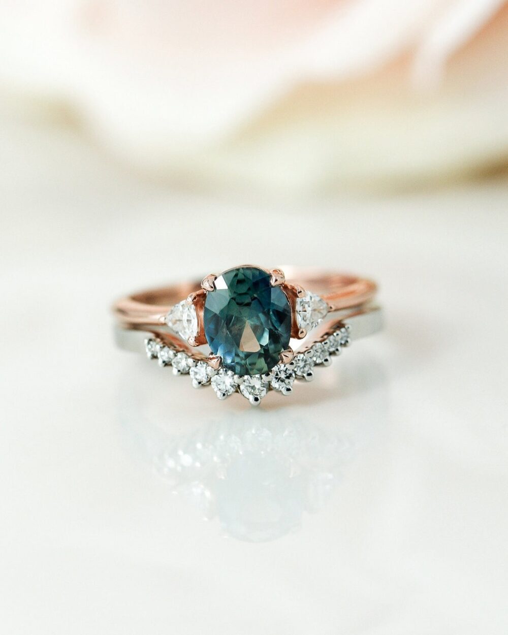 Oval Teal Sapphire Engagement Ring Set Moissanite Wedding Band, Low Profile