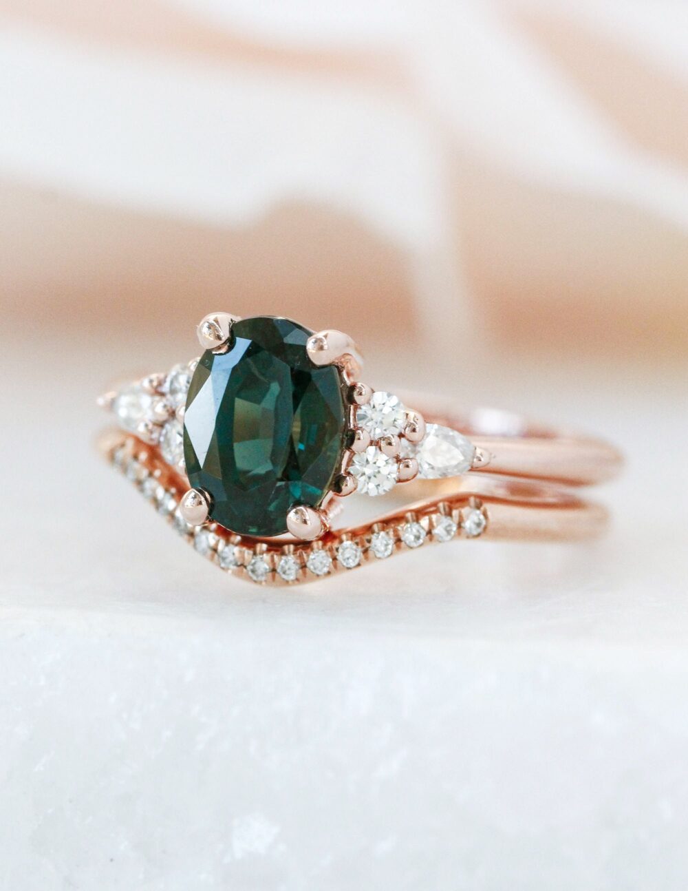 Rose Gold Oval Teal Sapphire Engagement Ring Set Lab Grown Diamond Wedding Band