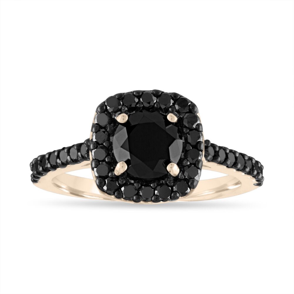 Black Diamond Engagement Ring 1.70 Carat Halo, Yellow Gold, Handmade