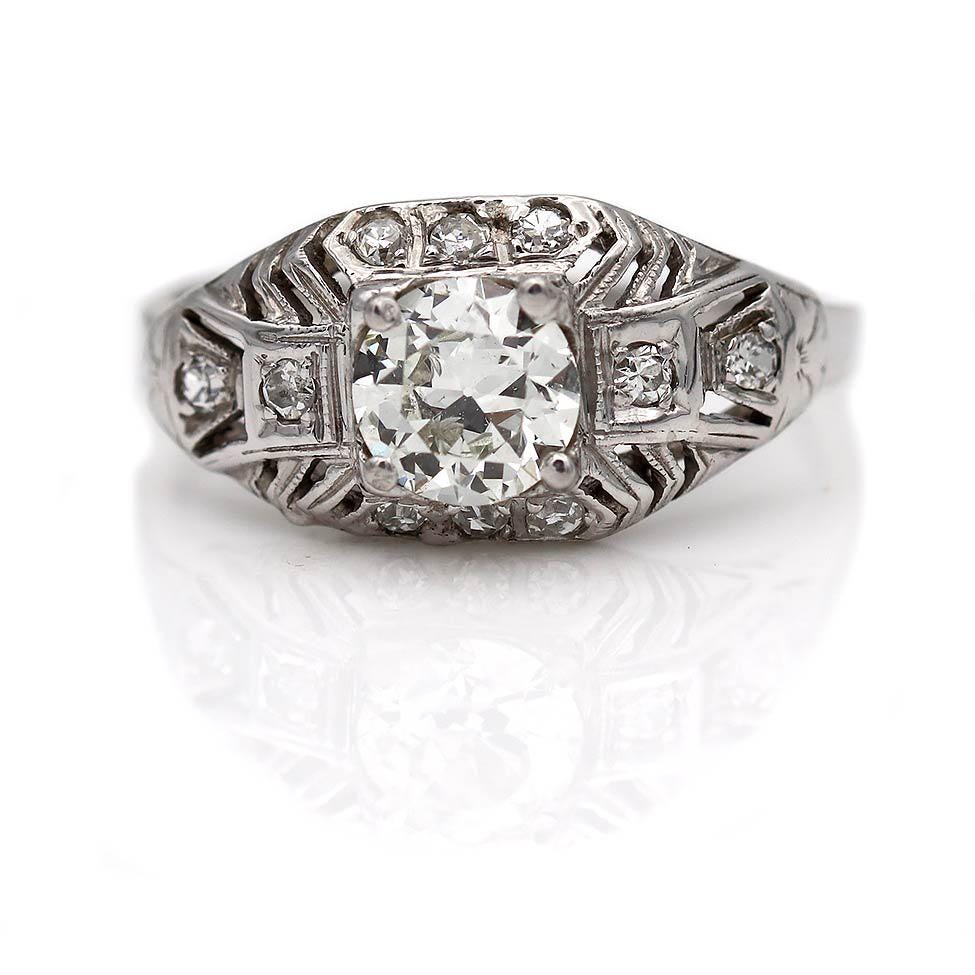 Art Deco .97 Ctw Square Set Vintage Engagement Ring 18 Karat White Gold Gia J/Si1