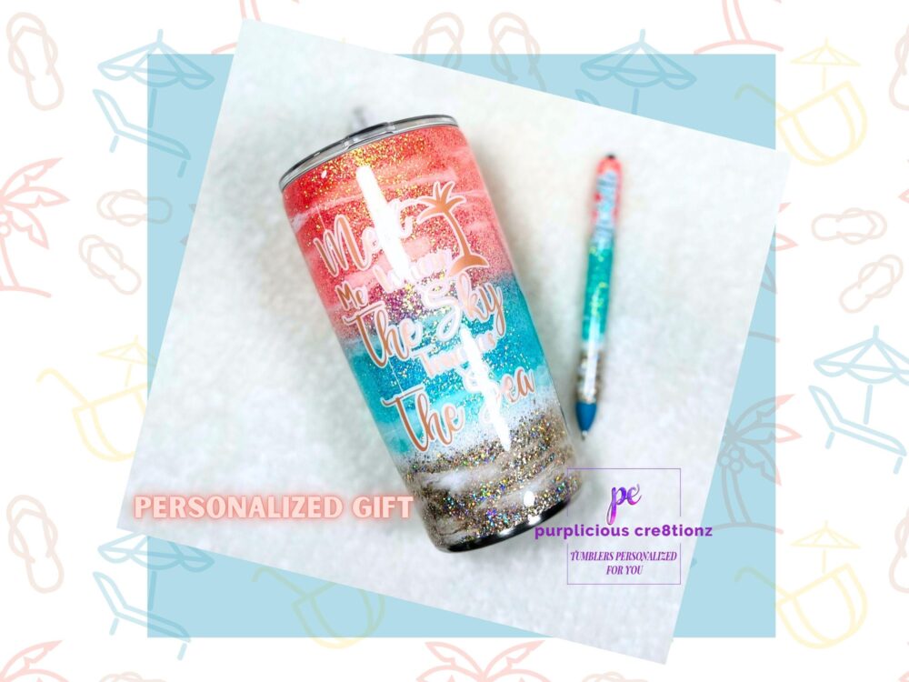 Peachy Beach Sunset Inspired Glitter Custom Stainless Steel Tumbler || Personalized Gift Vibe Summertime Tropical