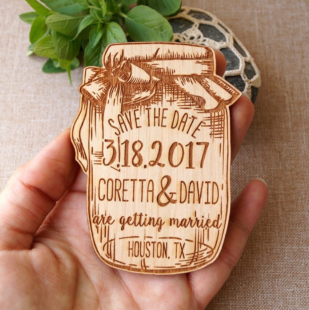 Save The Date Magnet, Rustic Wooden Save Dates, Mason Jar Wedding Invitation Magnets, Laser Engraved Wood Magnets