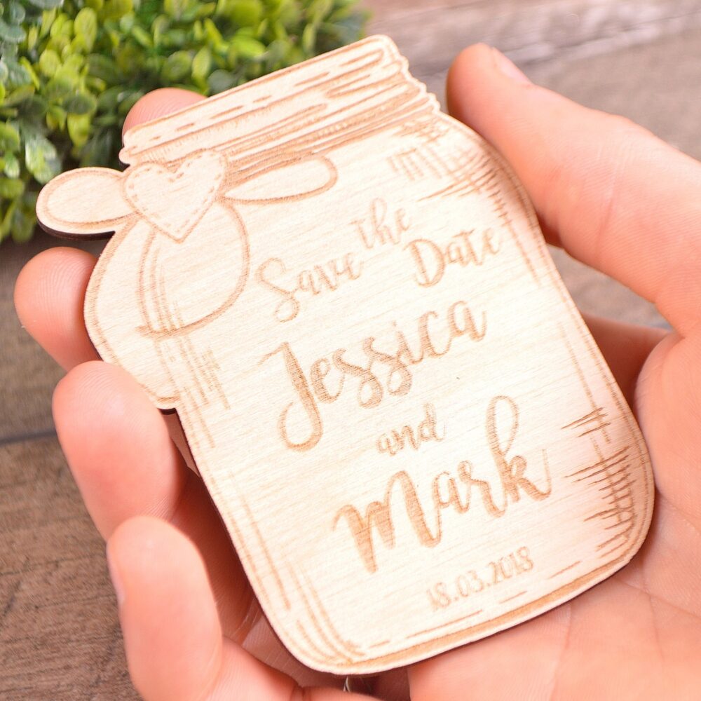 Rustic Wood Mason Jar Save-The-Date Magnet Wedding Invitation