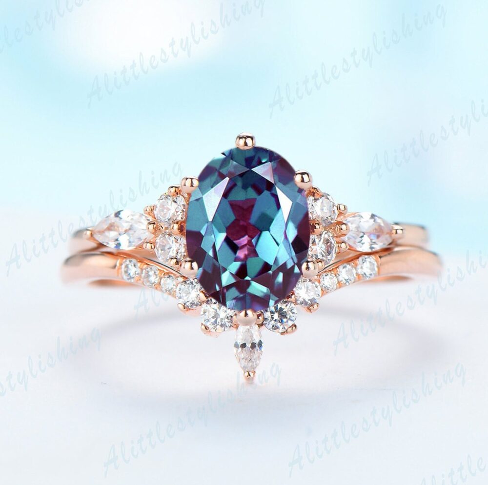 Alexandrite Tiara Wedding Ring Set, Oval Alexandrite Engagement Vintage Promise Ring, Art Deco Rose Gold Band, Gift For Her