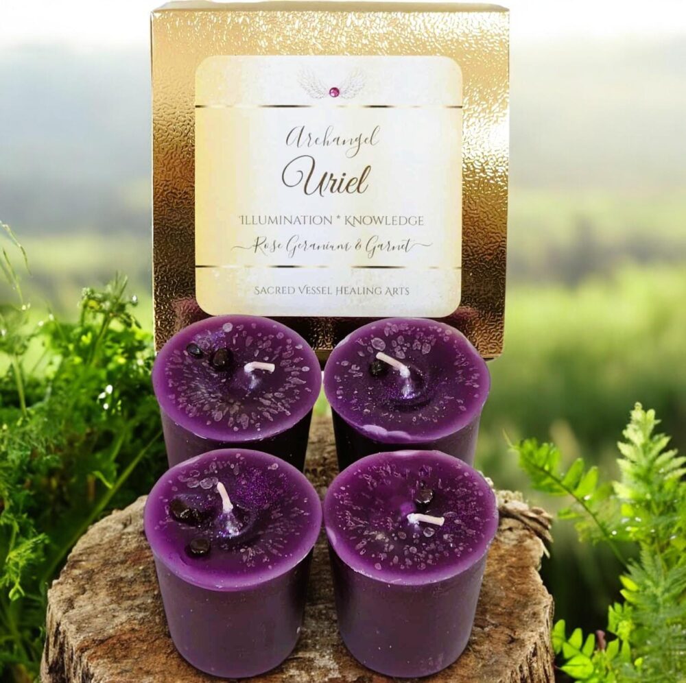 Archangel Uriel Candles Devotion Votives Box Of 4 W/Garnet Gemstones, Rose Geranium Higher Wisdom & Learning, Angel Peace, Gift