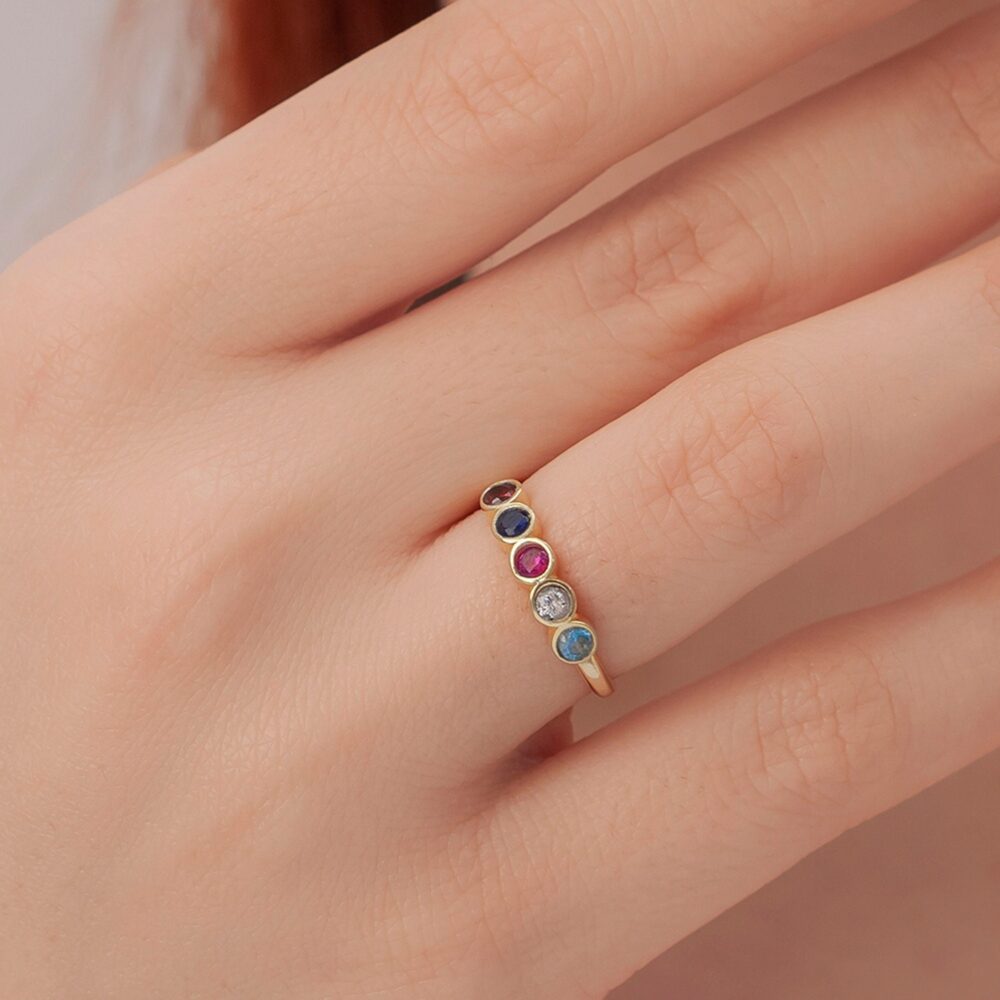 Family Birthstone Rings -Gold Personalized Dainty Ring - Diamond Emerald For Mom Jewelry