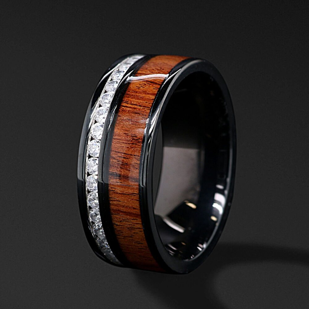 Koa Wood Ring Black Stainless Steel Engagement Wedding Cubic Zirconia Band - Free Engraving