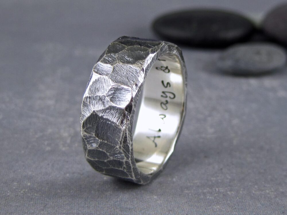 Rustic Mens Wedding Band, Custom Engraved, 8mm, Rough Hewn Hammered Silver Ring, Metalsmith Black Personalized