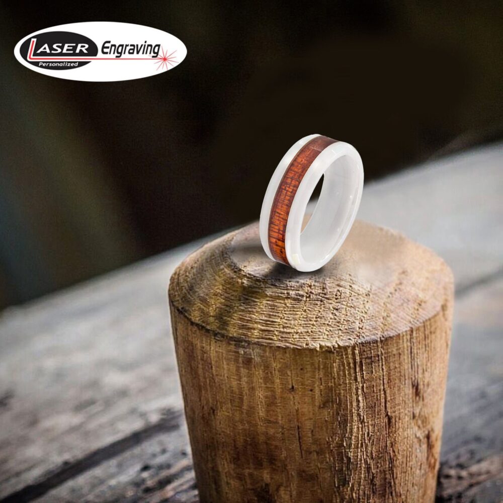 Elegant White Ceramic Wedding Band With Natural Wood Inlay, 8mm Durable Lightweight Anniversary Ring, Unique Inlay