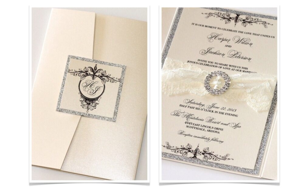 Lace Wedding Invitation Vintage Elegant Glitter Ivory Silver Harper