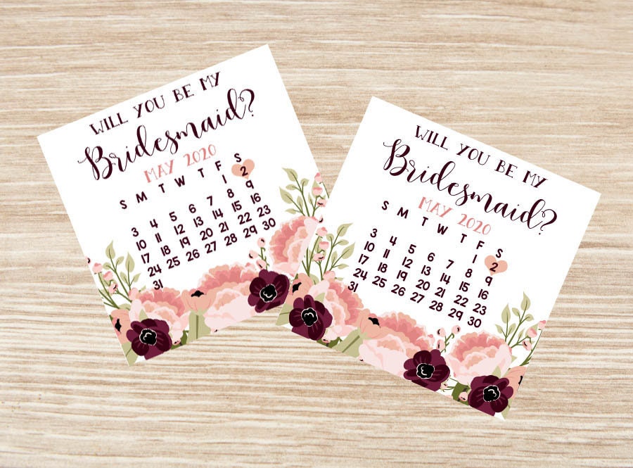 Bridesmaid Proposal Calendar, Save The Date, Calendar Card, Will You Be My Bridesmaid? Floral Wedding Date Card