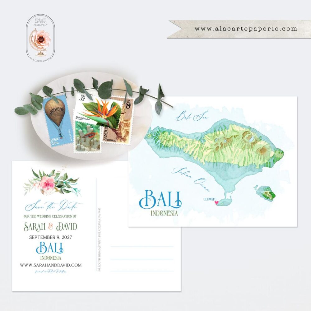 Bali Indonesia Asian Destination Wedding Tropical Save The Date Postcard Watercolor Illustrated Invitation Card - Printed Or Digital