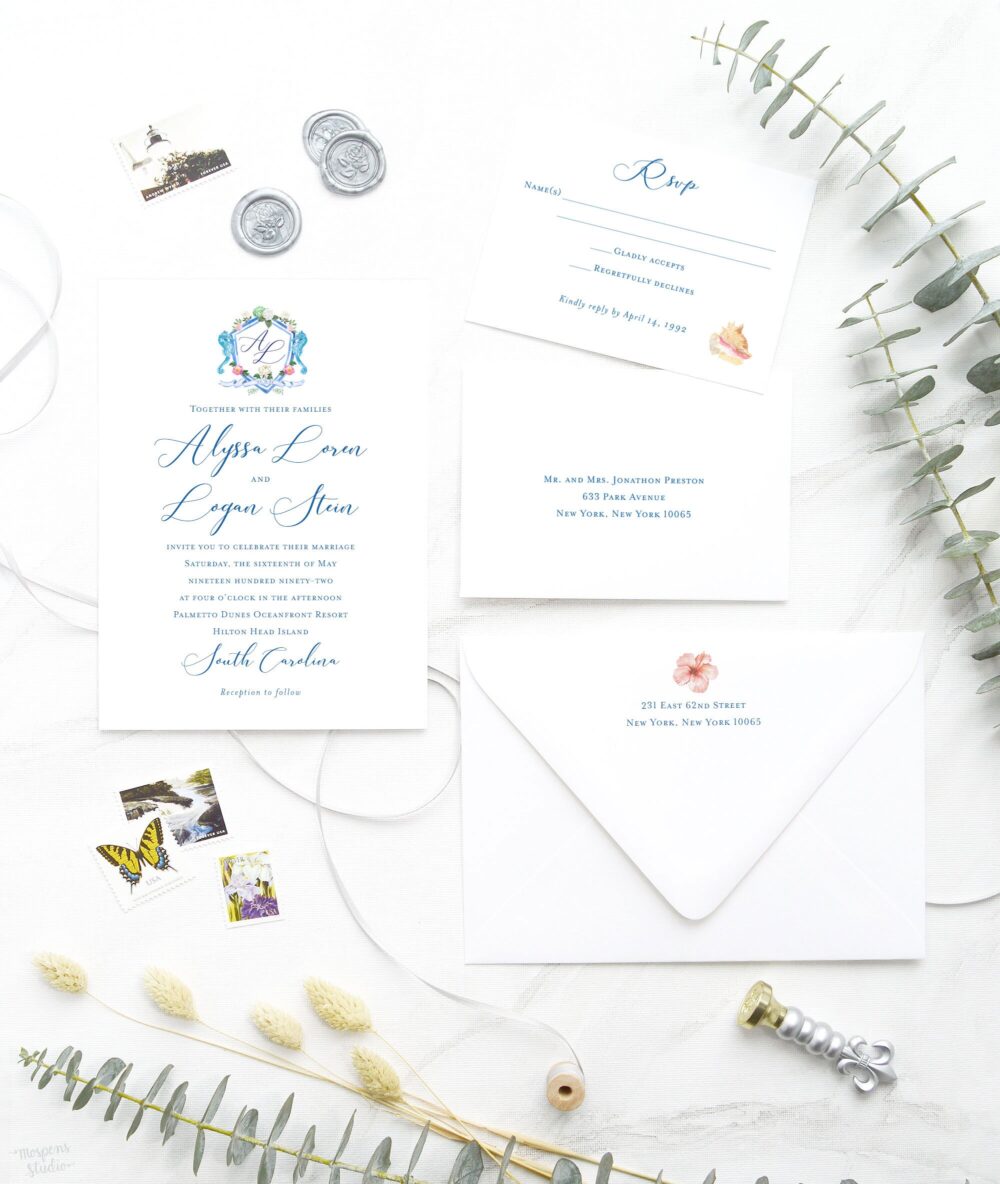 Beach Wedding Invitations - Elegant Invitation Seaside Watercolor Nautical Crest Printed