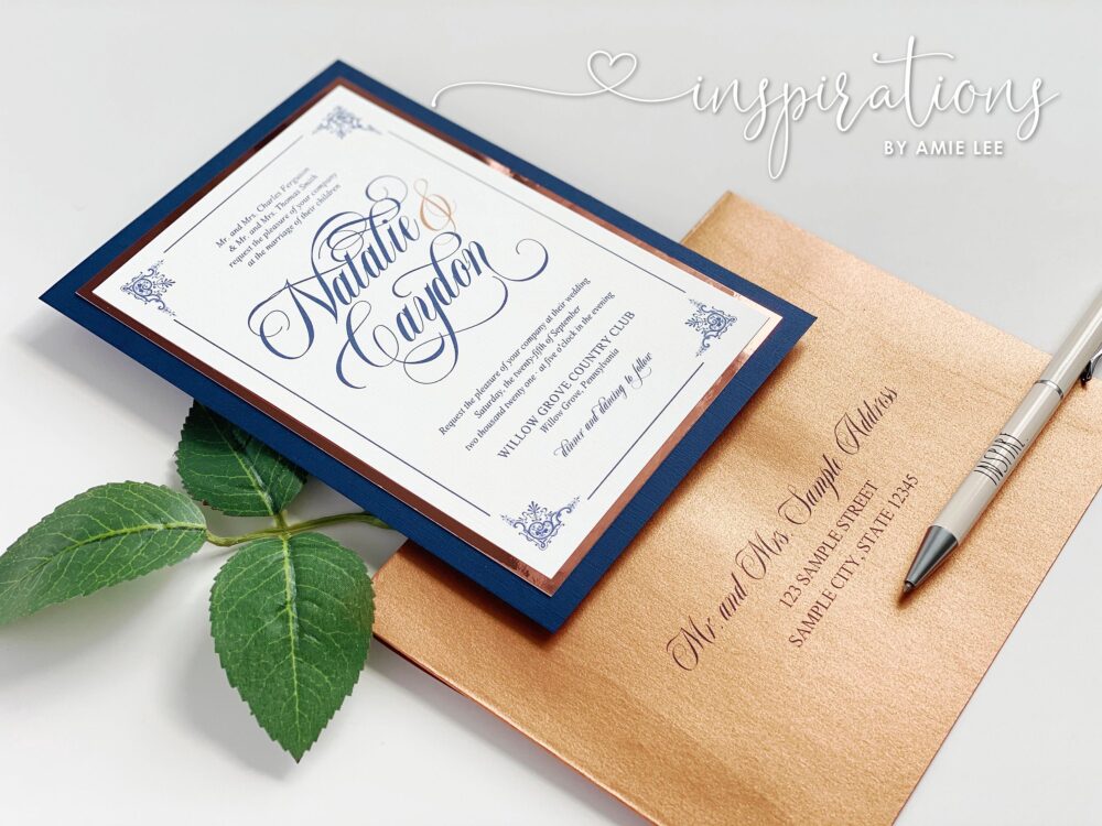 Copper & Navy Blue Wedding Invitations Elegant Formal Invitation Design, Vintage Invites, Classic Invitations