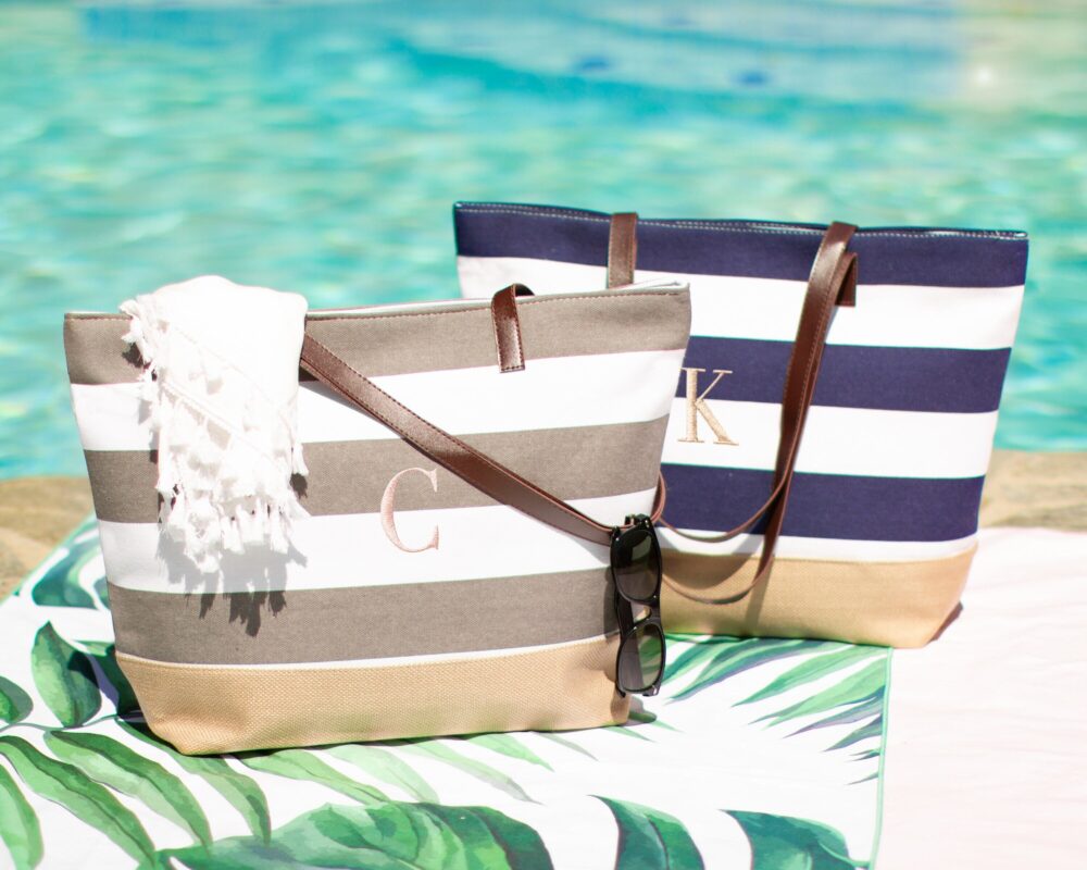 Bridesmaid Gift Tote Bag, Stripe Burlap Beach Personalized Bachelorette Party Gift, Nautical Striped Bag