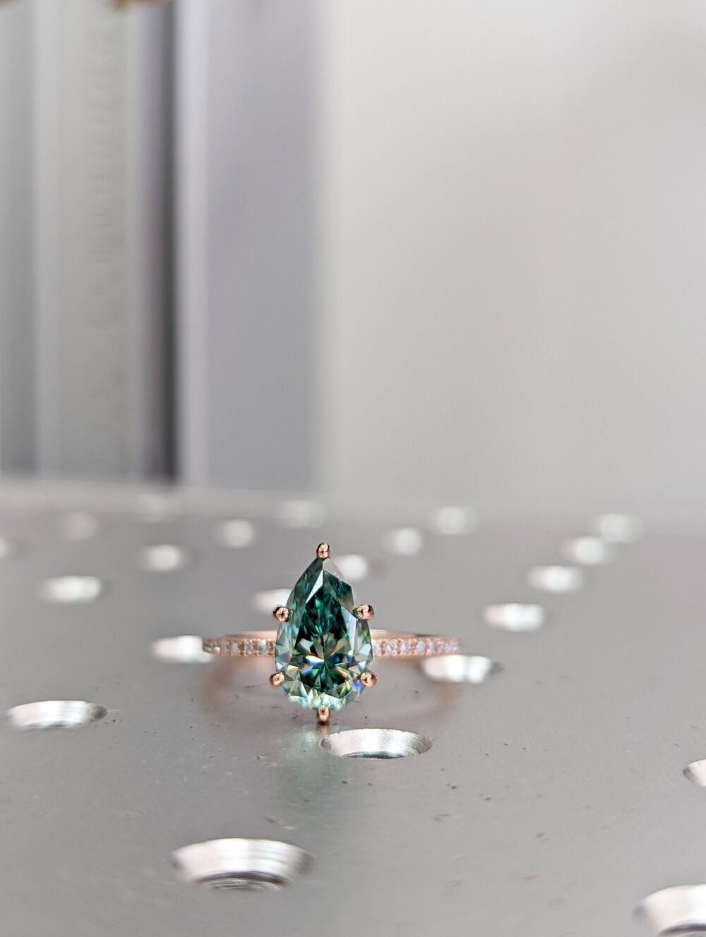 Colored Moissanite Engagement, Green Ring, Vintage Blue-Green Pear Engagement Ring, Color Hidden Halo Ring