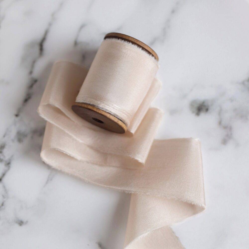 Champagne Hand-Dyed Silk Ribbon Raw Edge, Wedding Decor | 6 Yards