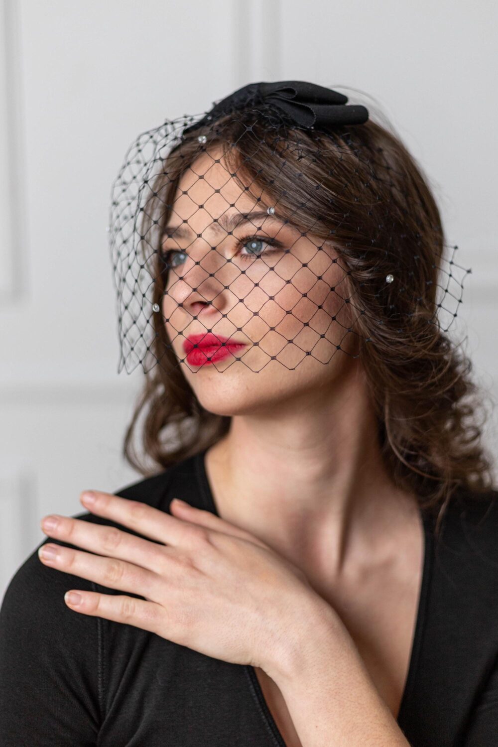 Black Birdcage Veil With Bow & Rhinestones - Party Netting Blusher, Weddings Or Funeral Hair Accessory