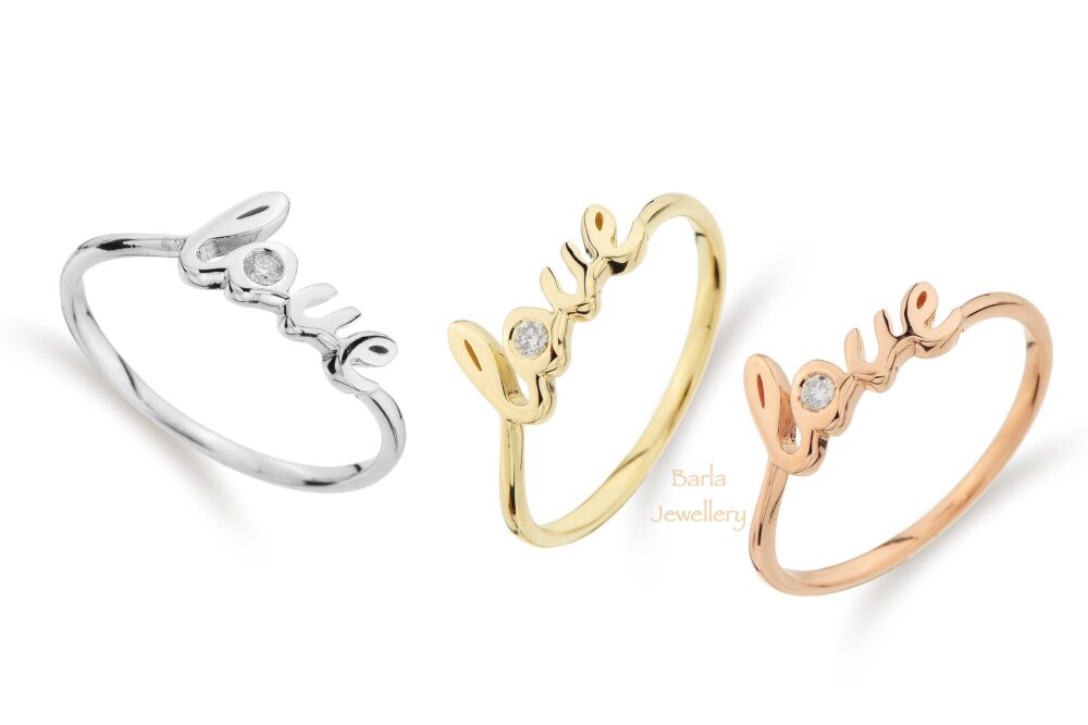 14K Gold Diamond Love Ring Minimalist Handwritten Ring
