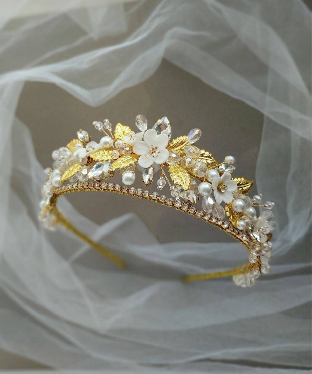 Bridal Headband | Pearl Tiara Wedding Headpiece Floral Gold