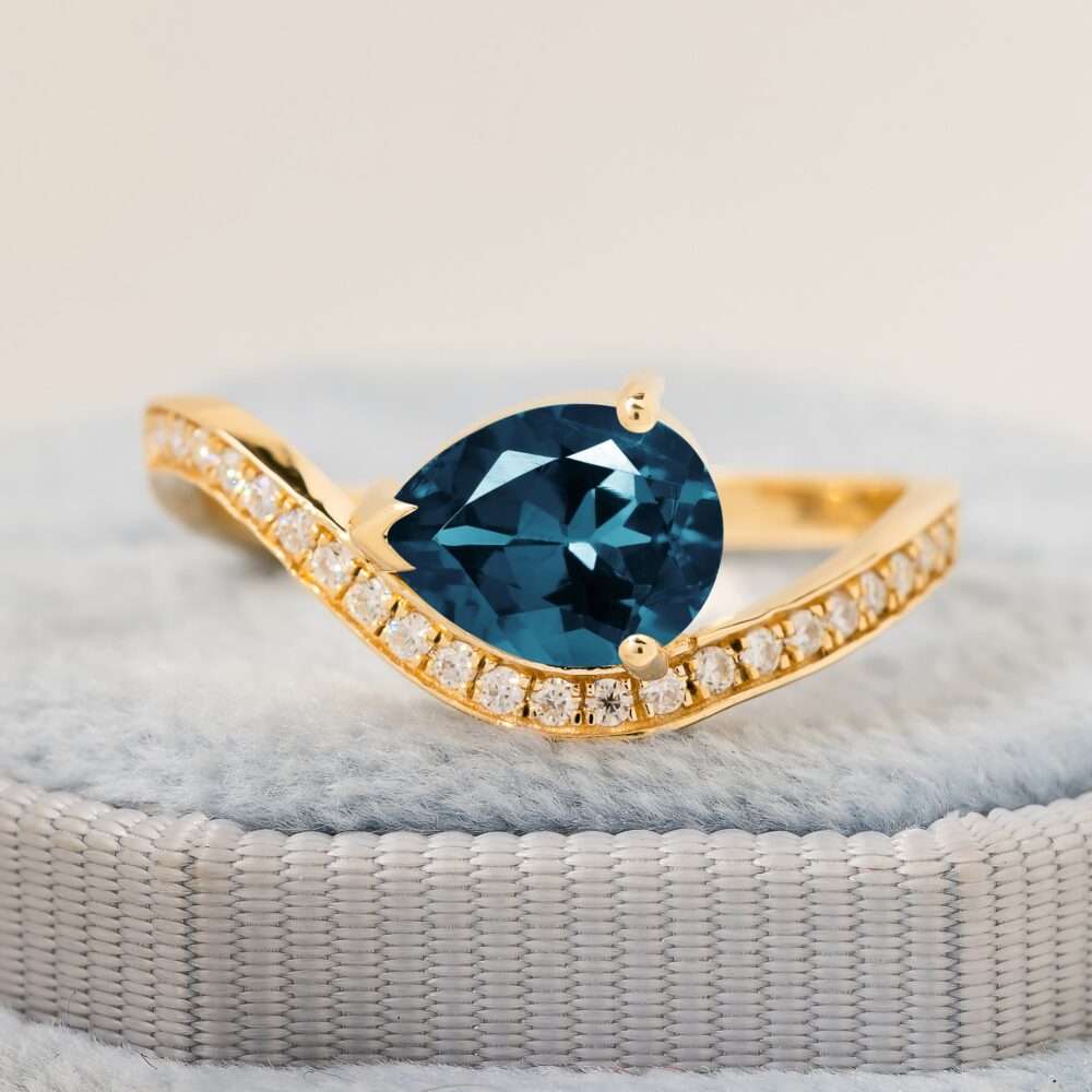 Natural Blue Topaz Engagement Ring, 14K Solid Gold, Curved Diamond Wedding Band, Pear Cut Topaz, Something For Her, December Birthstone