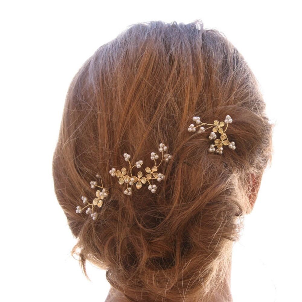 Gold Dogwood Flower & Pearl Wedding Hair Pins - Set Of 3