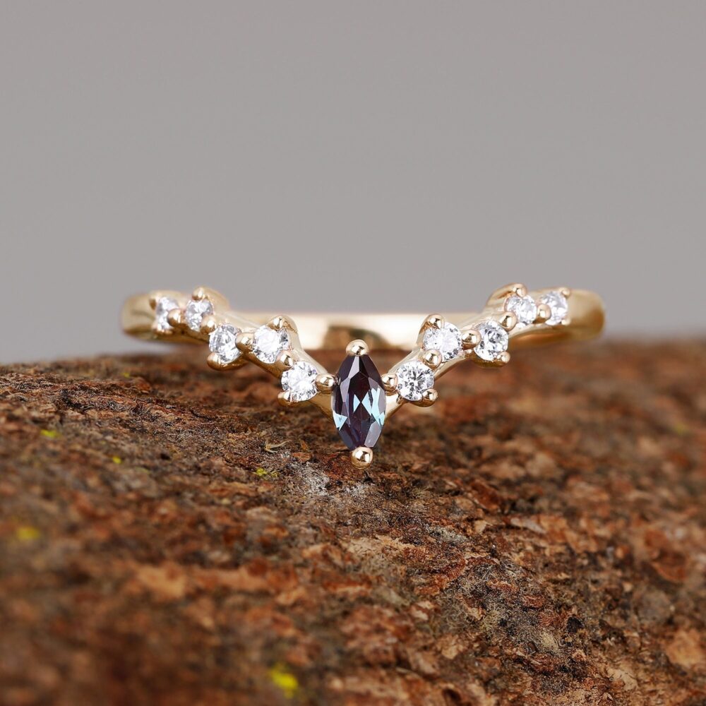 Dainty Wedding Band 925 Sterling Silver Marquise Cut Alexandrite Handmade Stackable Ring Moissanite Unique Gifts For Her