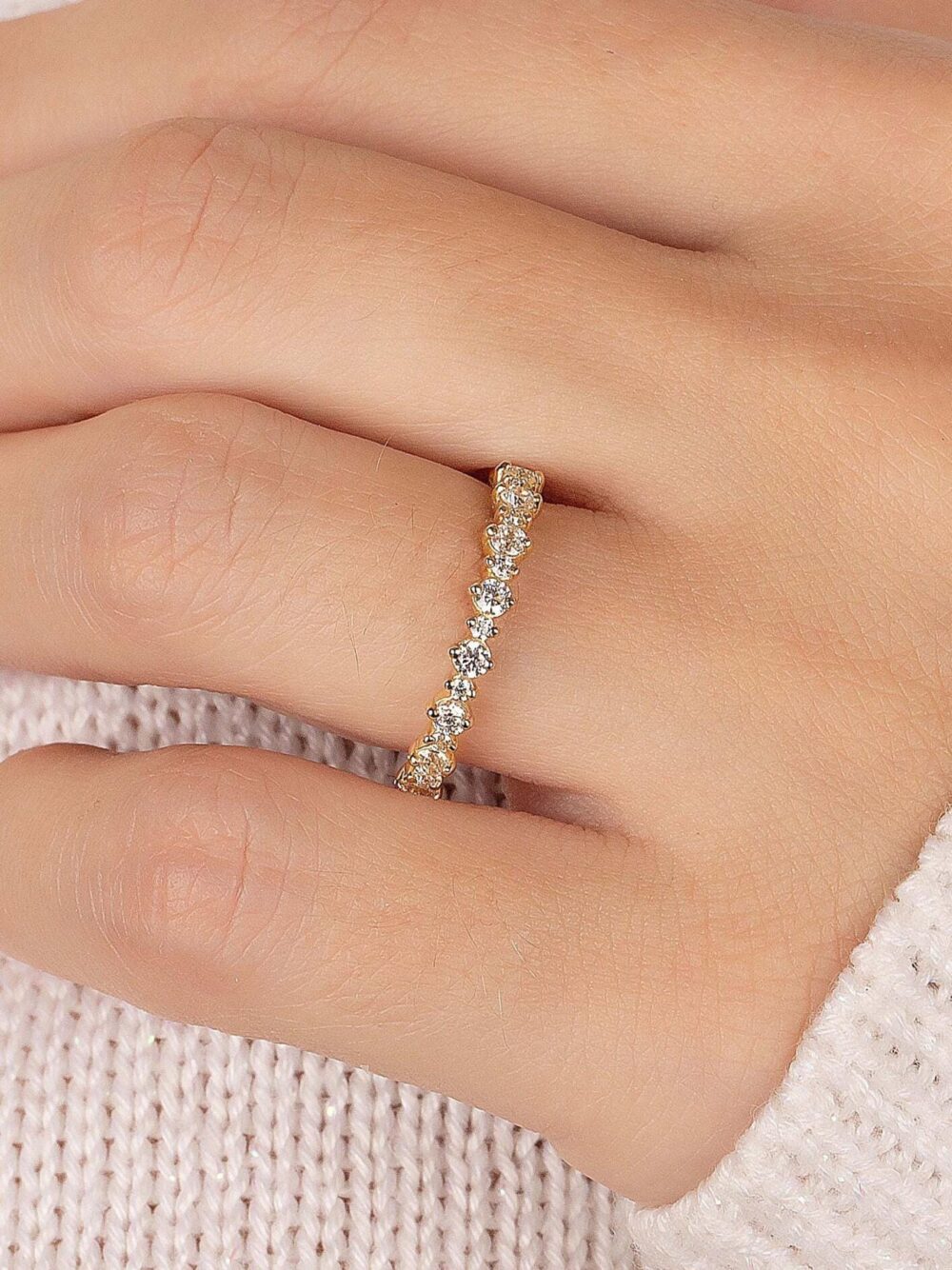 Dainty Minimalist 14K Gold Cz Wedding Band, Tiny Half Eternity Women Simple Elegant Band For Her Eternity Promise Ring