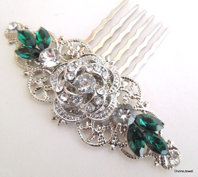 Green Crystal Bridal Hair Comb, Wedding Hair Accessories, Comb Vintage, Flower & Leaf Rhinestone Comb, Roselani