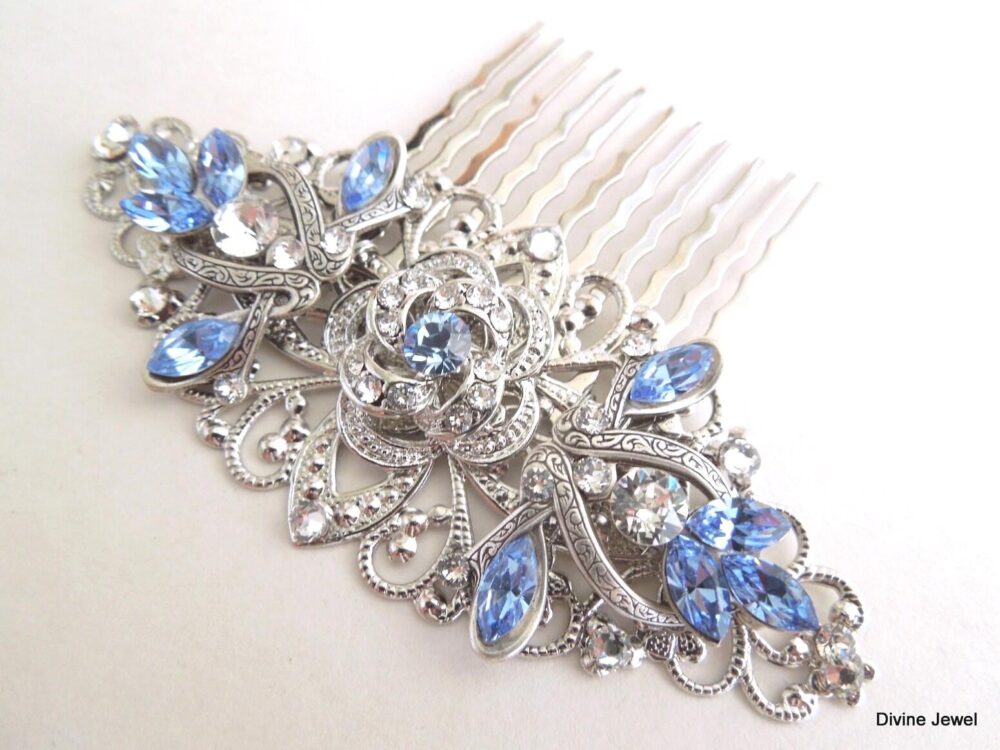 Crystal Bridal Hair Comb Wedding Headpiece Rose Light Sapphire Rhinestone, Something Blue, Roselani
