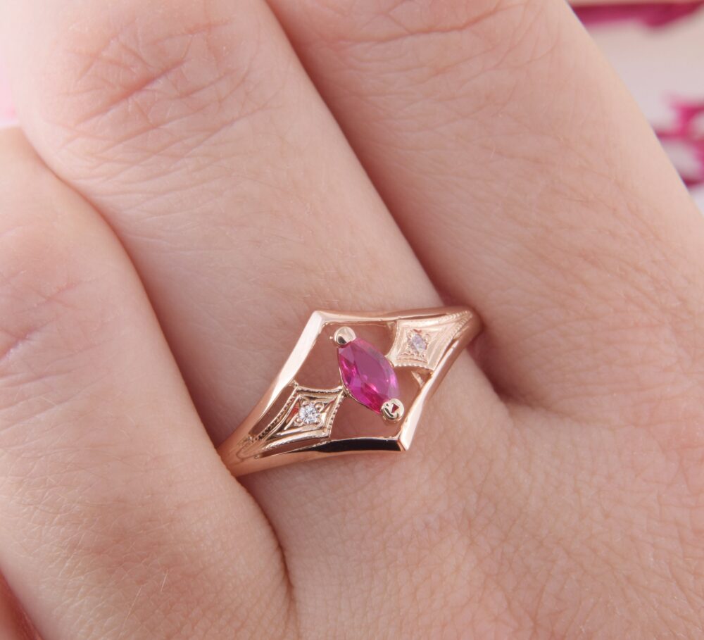 14K Rose Gold Art Deco Ruby Promise Ring For Her, Womens Antique Ring, Dainty & Elegant Ring, Womens