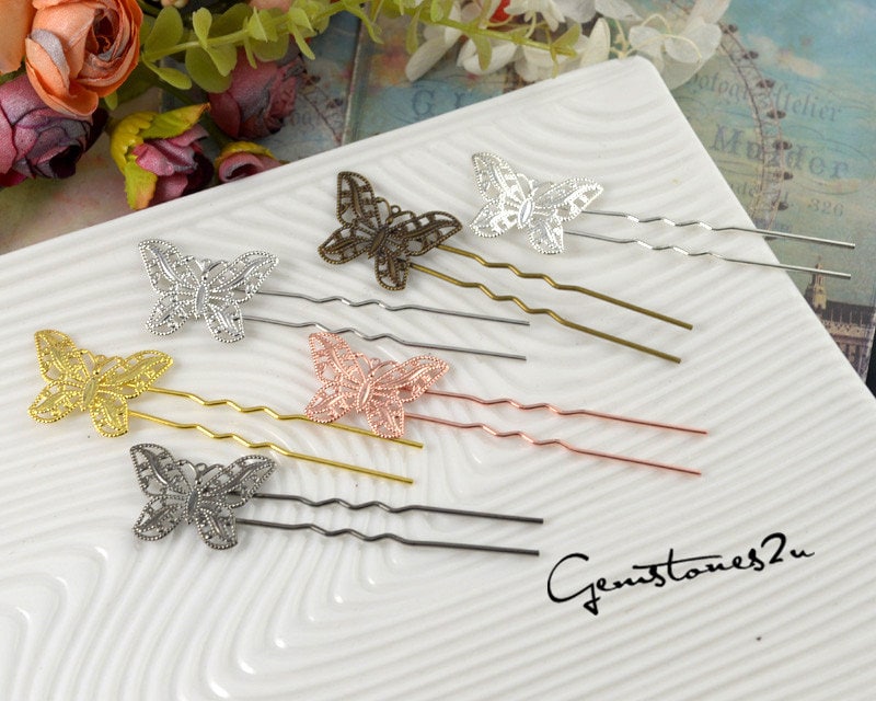 20Pcs Brass Cameo Setting Hair Pins, Wedding Prom U Shape Butterfly Clips 6 Colors Available 07326