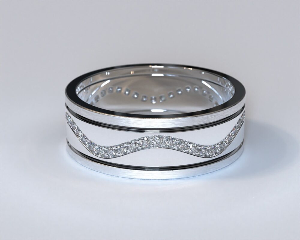 Pure White Wedding Band/Mens Gold Ring Diamond Unique Channel Brushed