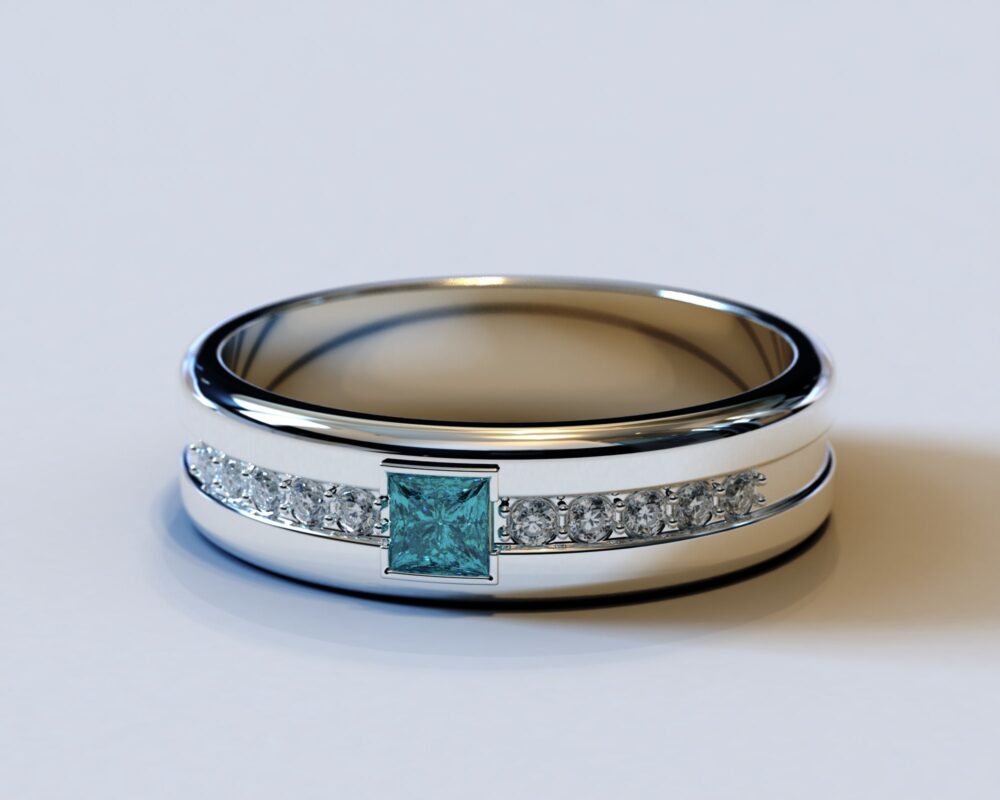 Blue Diamond Wedding Band/Mens Unique Ring For Men White Gold Masculine