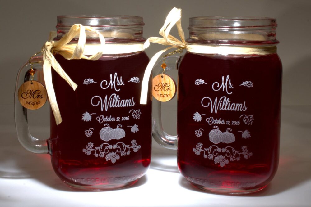 Fall Wedding Mr & Mrs Mason Jars, Pumpkin Glasses With Handcrafted Wooden Charms