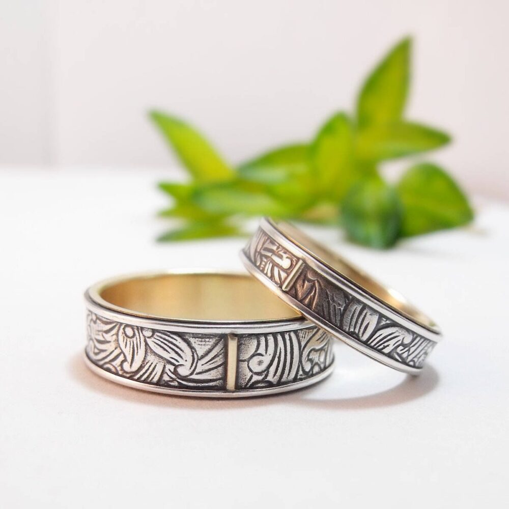 Wedding Band Set Sterling Silver Rings 10K Gold Sunflower Ring Womens Mens