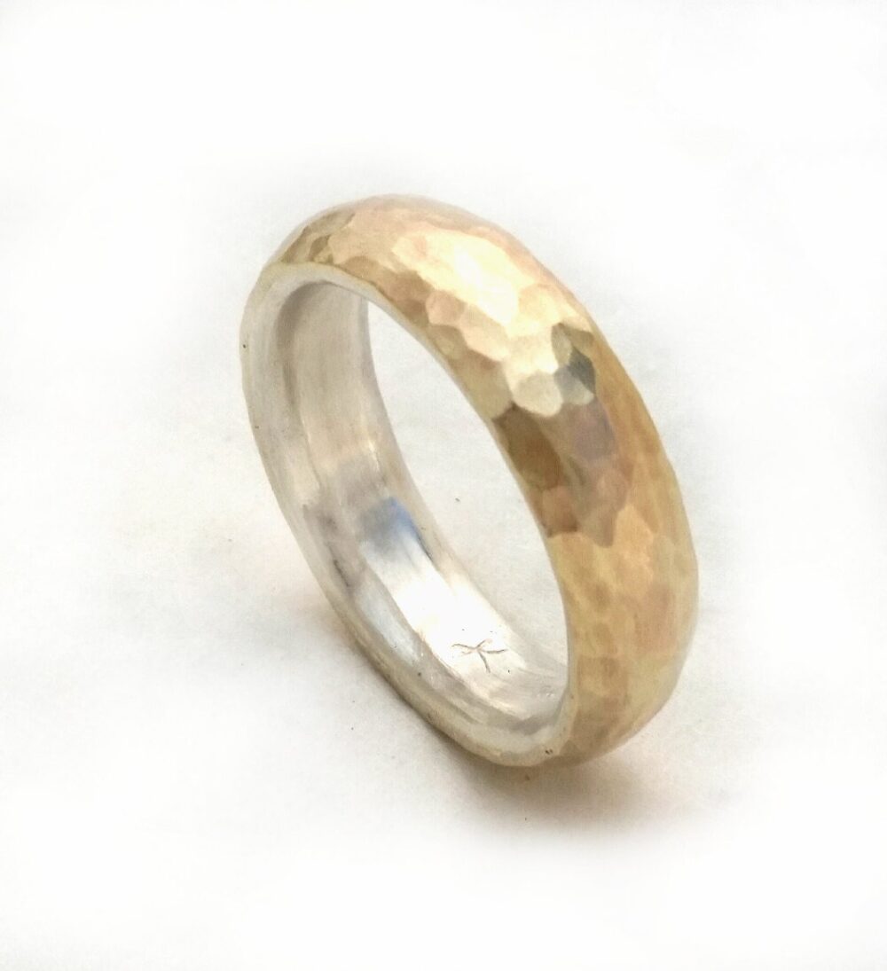 Classic Wedding Ring, Unisex Band, 10K Gold Men's Women's Hammered Sheet On Silver, Chic Band