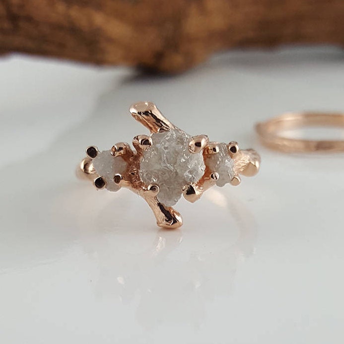 Rough Diamond Twig Engagement Ring Hand Sculpted Bridal Set
