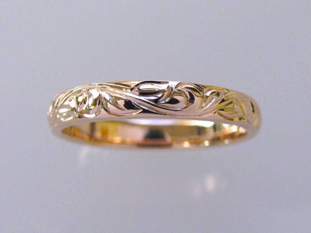 3mm 14K Rose Gold Vine & Leaf Hand Engraved Wedding Band