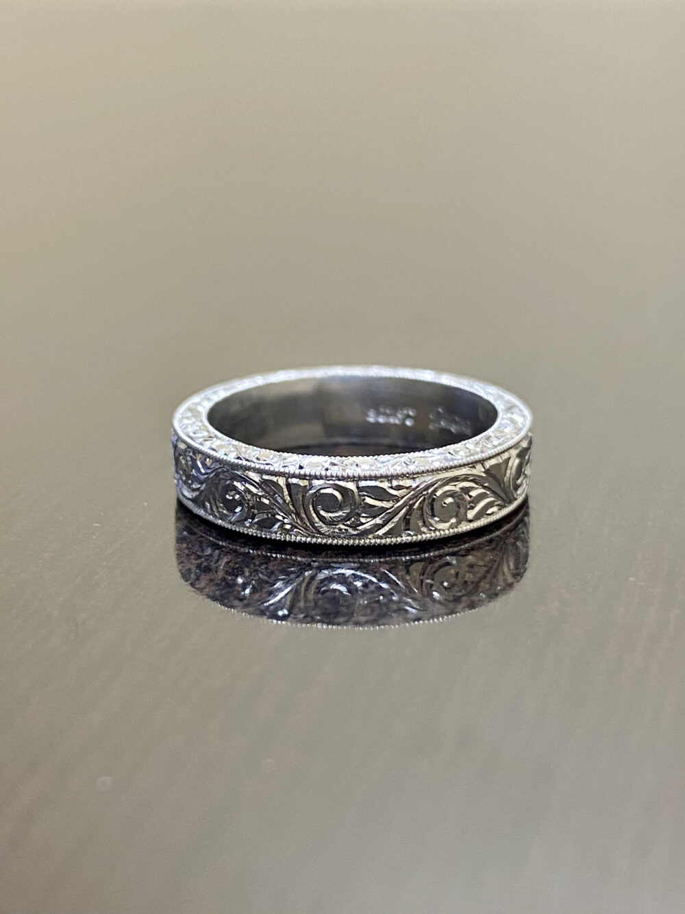 Art Deco Platinum Hand Engraved Engagement Band - Handmade Vintage Inspired Wedding Scroll
