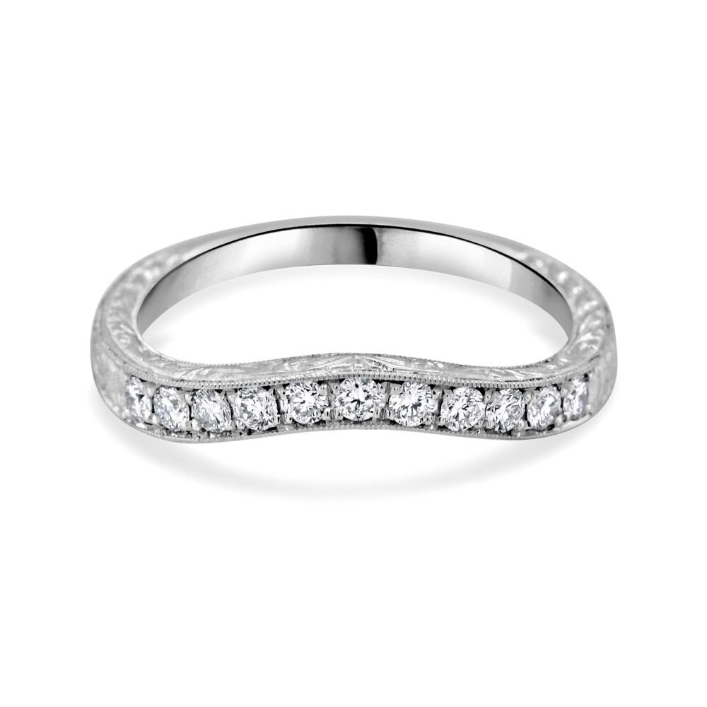 Diamond Wedding Ring, Engraved Curved Band, Contour Women's Vintage Style 2.7mm Gold Platinum