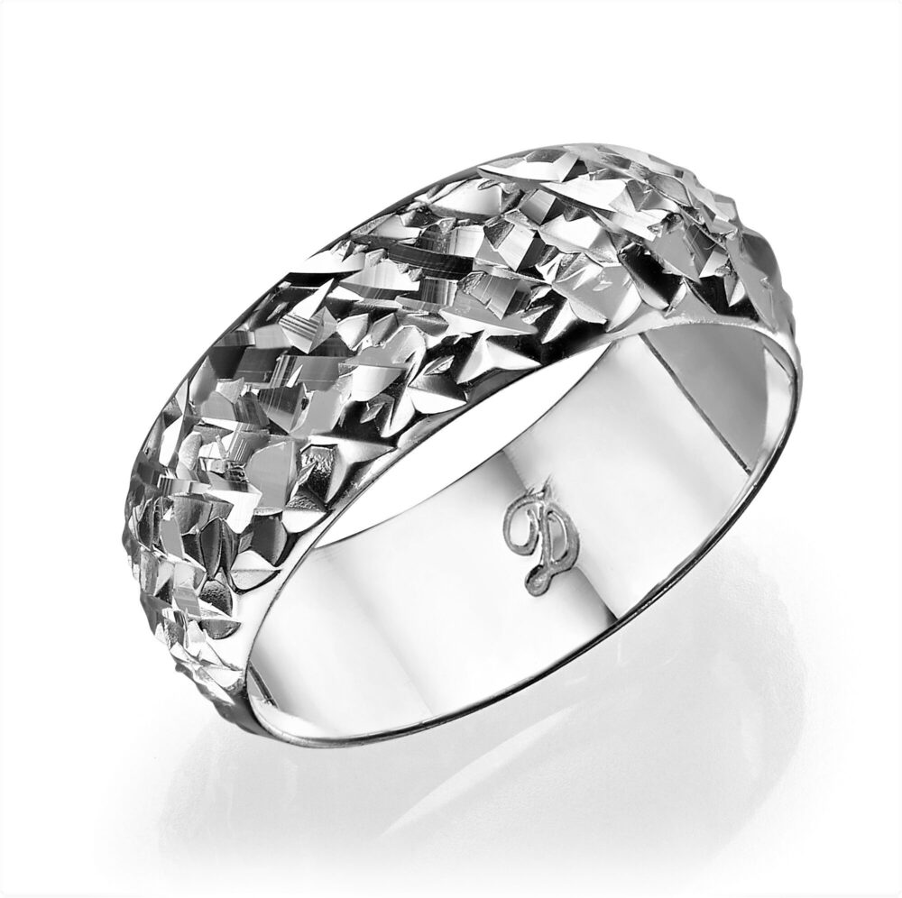 14K Solid White Gold Engraving Wedding Band, Textured Ring, Bride Elegant Wide Band Chunky Ring