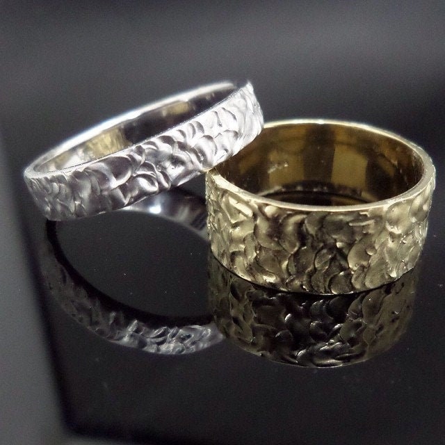 Textured Gold Wedding Band Set, 14K Ring, His & Hers Bands