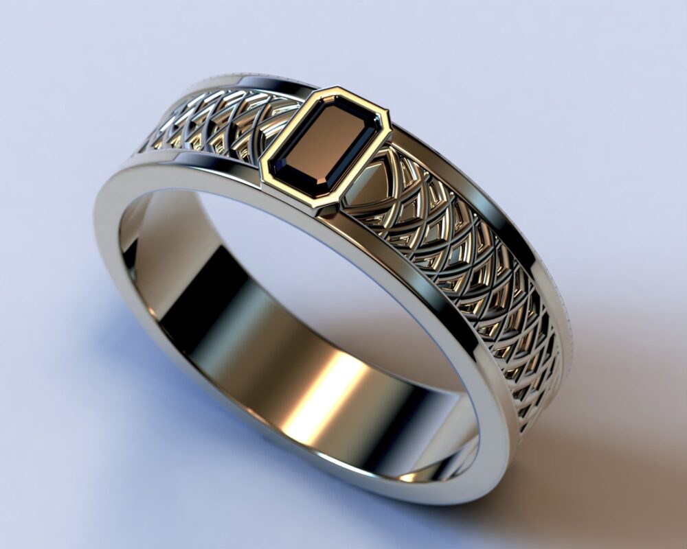 Black Diamond Gold Mens Wedding Band/Golden Ring Unique Engraved