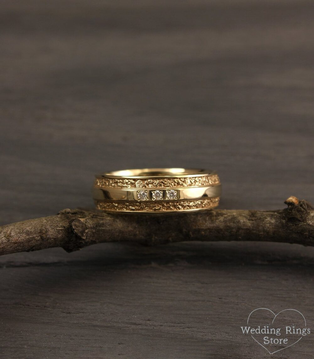 Unusual Men's Diamond Band in 14K Solid Gold, Wild Relief Ring, Unique Wedding Band, 6mm Wide Gold Bold