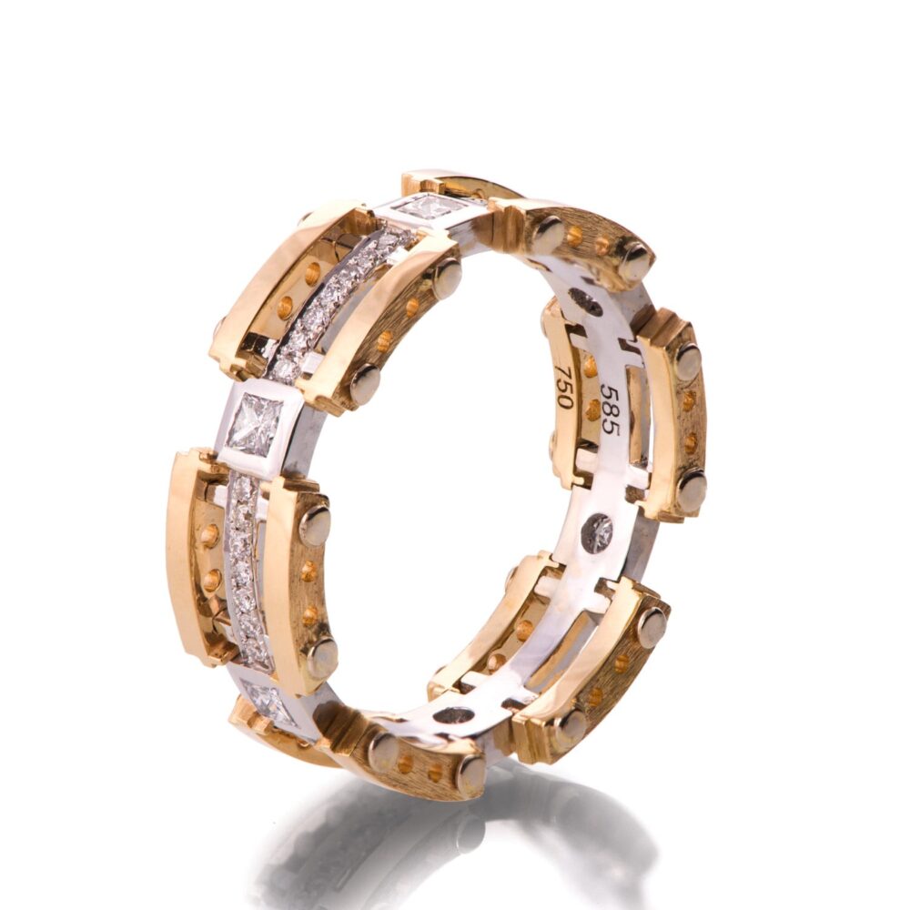 Men's 18K Gold, Diamond Wedding Band, Steampunk, Gold & Diamond Band