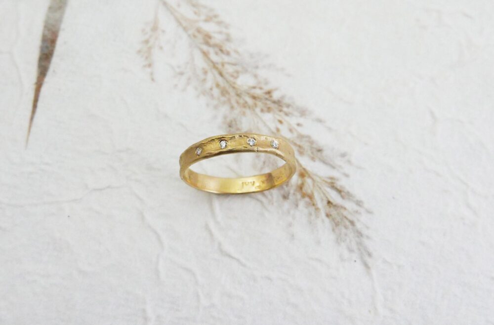 Women Men Matte Gold Wedding Diamonds Band. 14K Solid Diamond Unisex Band