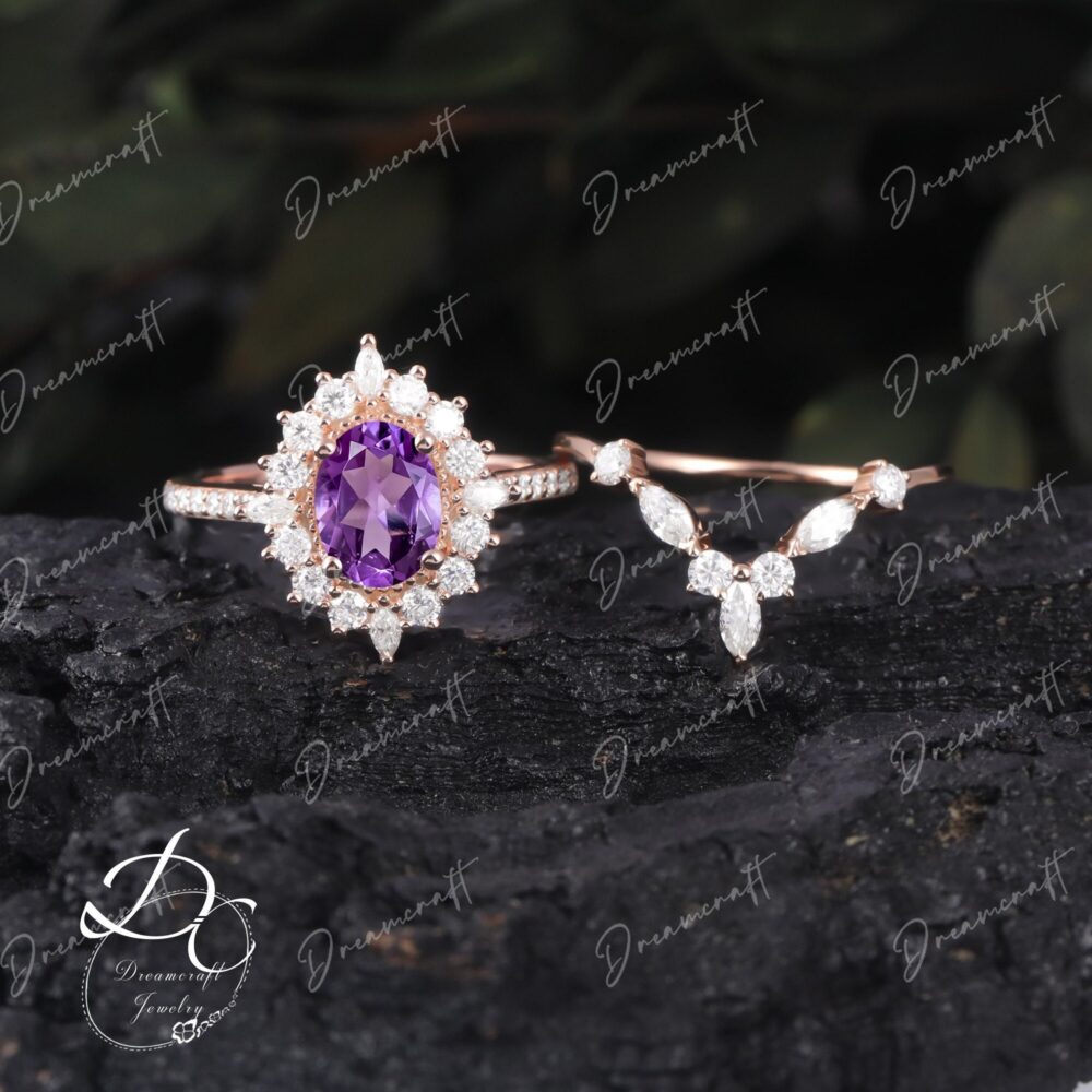 Amethyst Engagement Ring Sets Vintage Oval Halo 14K Gold Unique Moissanite/Diamond Wedding Anniversary Promise